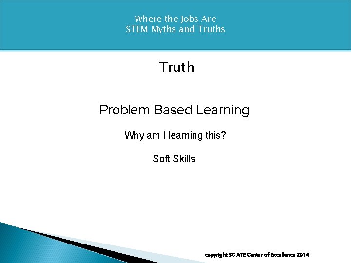 Where the Jobs Are STEM Myths and Truths Truth Problem Based Learning Why am