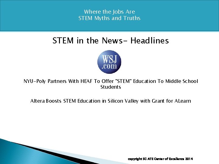 Where the Jobs Are STEM Myths and Truths STEM in the News- Headlines NYU-Poly