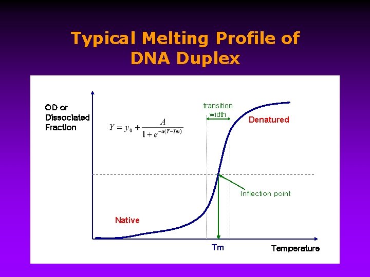 Typical Melting Profile of DNA Duplex transition width OD or Dissociated Fraction Denatured Inflection