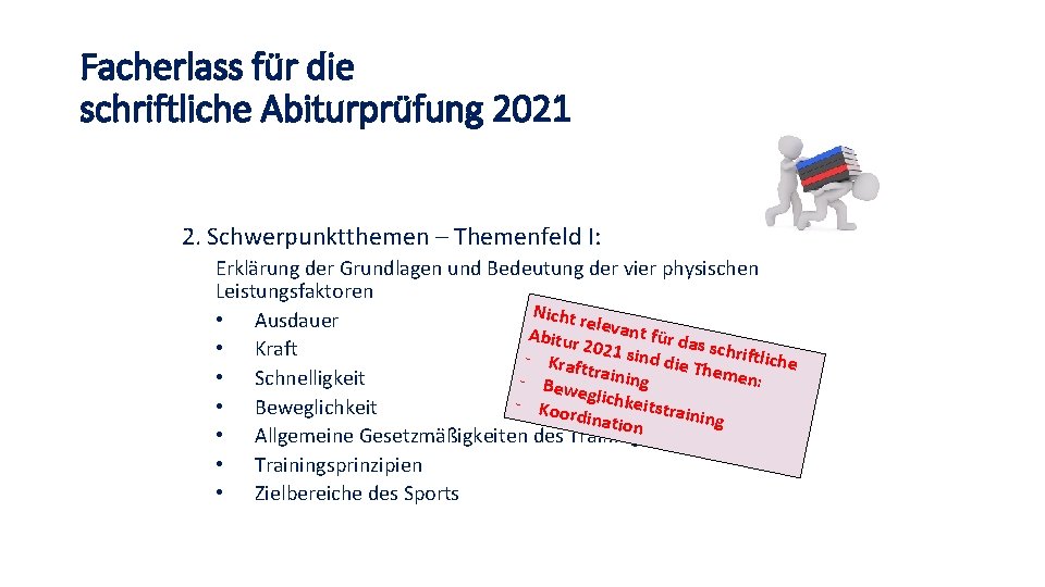Facherlass für die schriftliche Abiturprüfung 2021 2. Schwerpunktthemen – Themenfeld I: Erklärung der Grundlagen Facherlass für die schriftliche Abiturprüfung 2021 2. Schwerpunktthemen – Themenfeld I: Erklärung der Grundlagen