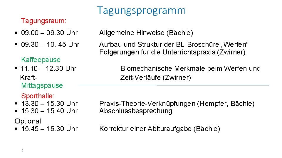 Tagungsraum: Tagungsprogramm § 09. 00 – 09. 30 Uhr Allgemeine Hinweise (Bächle) § 09.