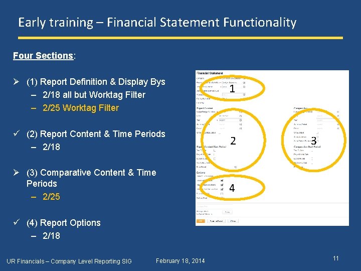 Early training – Financial Statement Functionality Four Sections: Ø (1) Report Definition & Display