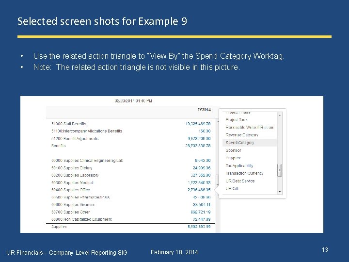 Selected screen shots for Example 9 • • Use the related action triangle to