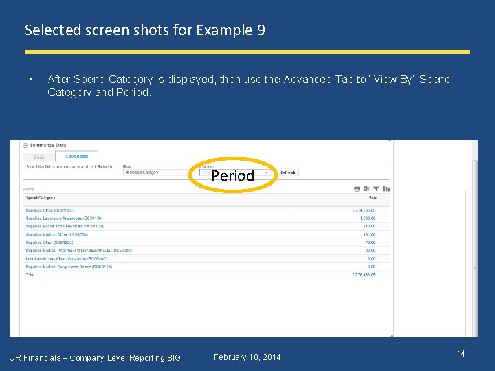 Selected screen shots for Example 9 • After Spend Category is displayed, then use