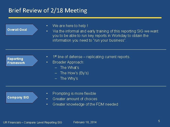 Brief Review of 2/18 Meeting Overall Goal • • We are here to help