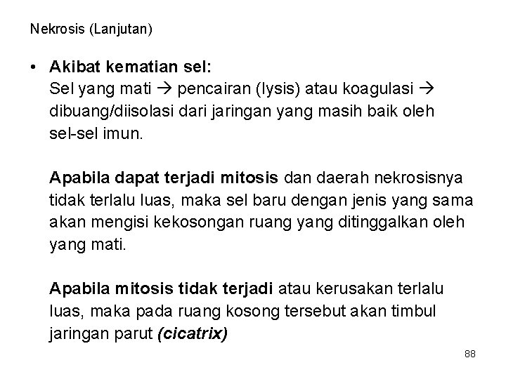 Nekrosis (Lanjutan) • Akibat kematian sel: Sel yang mati pencairan (lysis) atau koagulasi dibuang/diisolasi