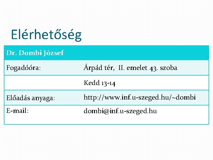 Elérhetőség Dr. Dombi József Fogadóóra: Árpád tér, II. emelet 43. szoba Kedd 13 -14