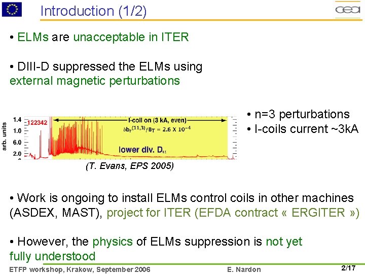 Introduction (1/2) • ELMs are unacceptable in ITER • DIII-D suppressed the ELMs using