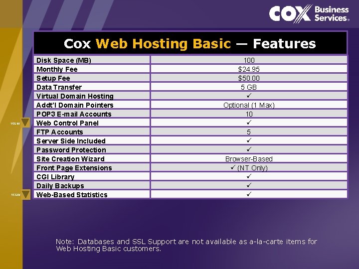 Cox Web Hosting Basic — Features VIEW Disk Space (MB) Monthly Fee Setup Fee