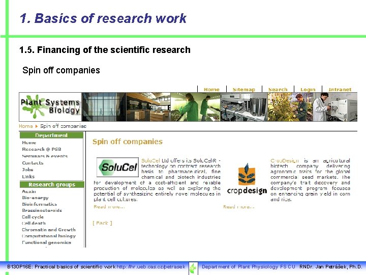 1. Basics of research work 1. 5. Financing of the scientific research Spin off