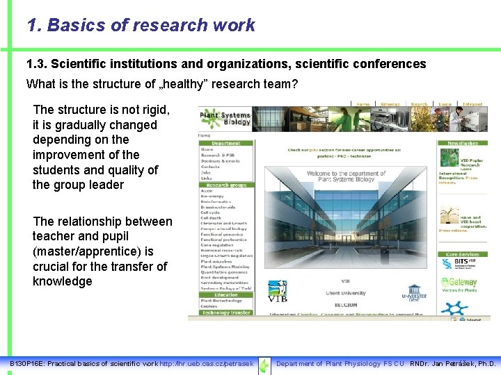 1. Basics of research work 1. 3. Scientific institutions and organizations, scientific conferences What