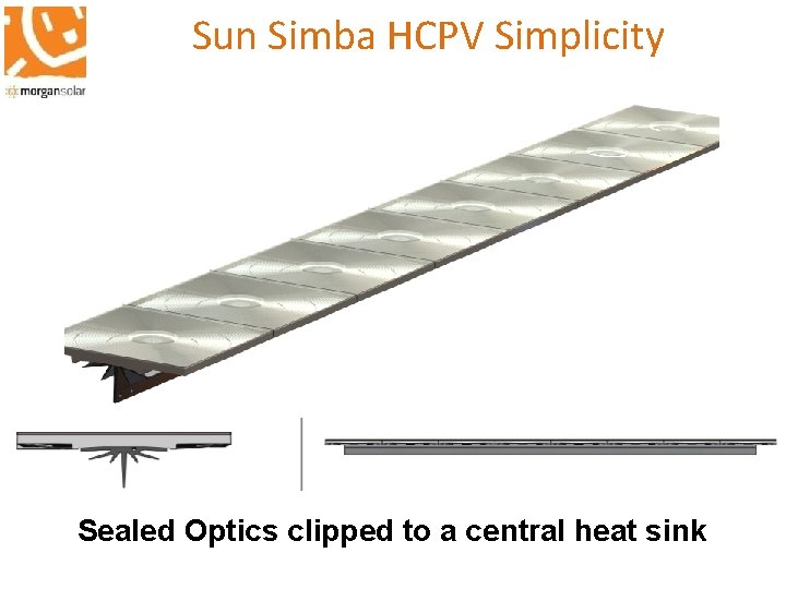 Sun Simba HCPV Simplicity Sealed Optics clipped to a central heat sink 