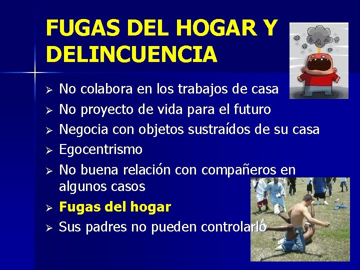 FUGAS DEL HOGAR Y DELINCUENCIA Ø Ø Ø Ø No colabora en los trabajos