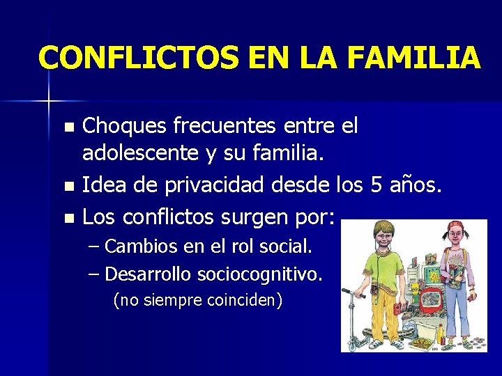 CONFLICTOS EN LA FAMILIA Choques frecuentes entre el adolescente y su familia. n Idea