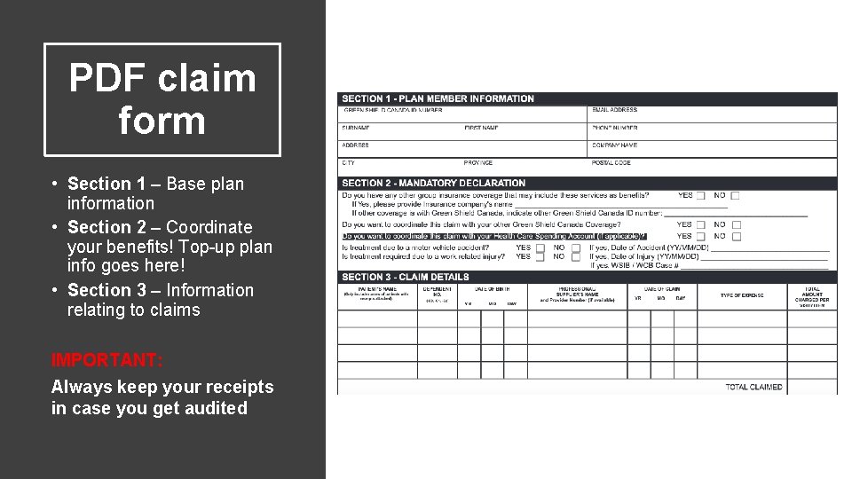 PDF claim form • Section 1 – Base plan information • Section 2 –