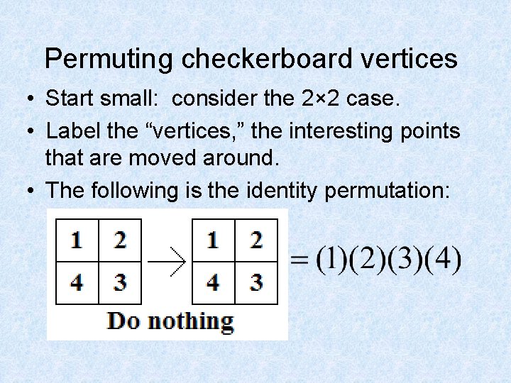 Permuting checkerboard vertices • Start small: consider the 2× 2 case. • Label the