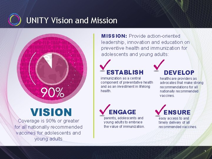 UNITY Vision and Mission MISSION: Provide action-oriented leadership, innovation and education on preventive health