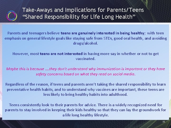 Take-Aways and Implications for Parents/Teens “Shared Responsibility for Life Long Health” Parents and teenagers