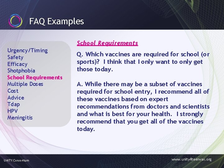 FAQ Examples School Requirements Urgency/Timing Safety Efficacy Shotphobia School Requirements Multiple Doses Cost Advice