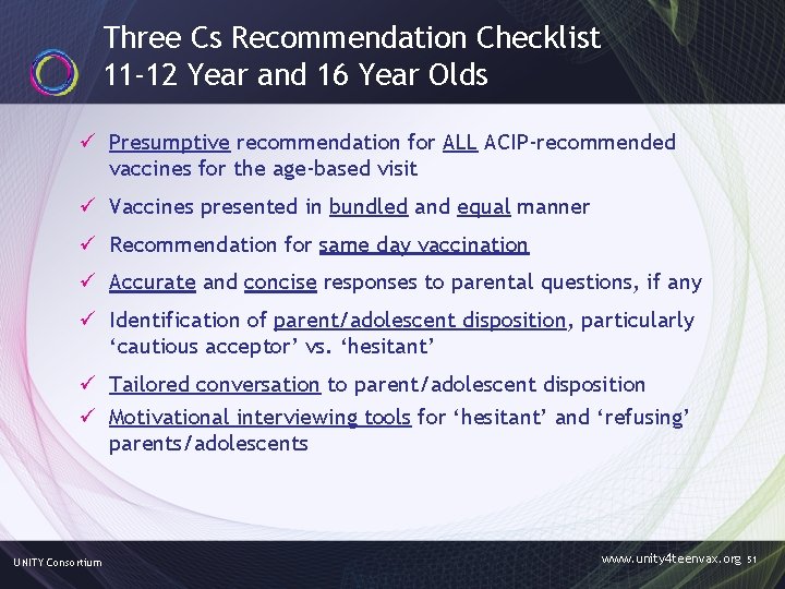 Three Cs Recommendation Checklist 11 -12 Year and 16 Year Olds ü Presumptive recommendation