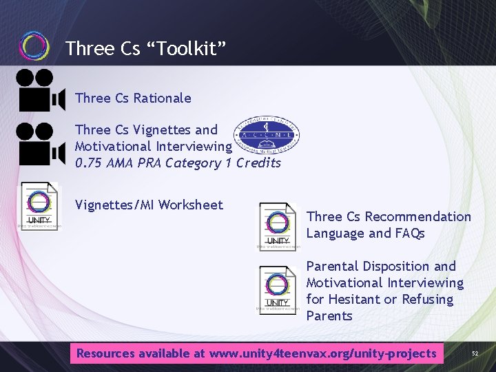 Three Cs “Toolkit” Three Cs Rationale Three Cs Vignettes and Motivational Interviewing 0. 75