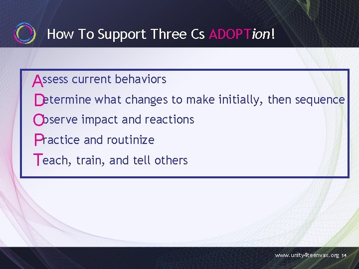 How To Support Three Cs ADOPTion! Assess current behaviors Determine what changes to make