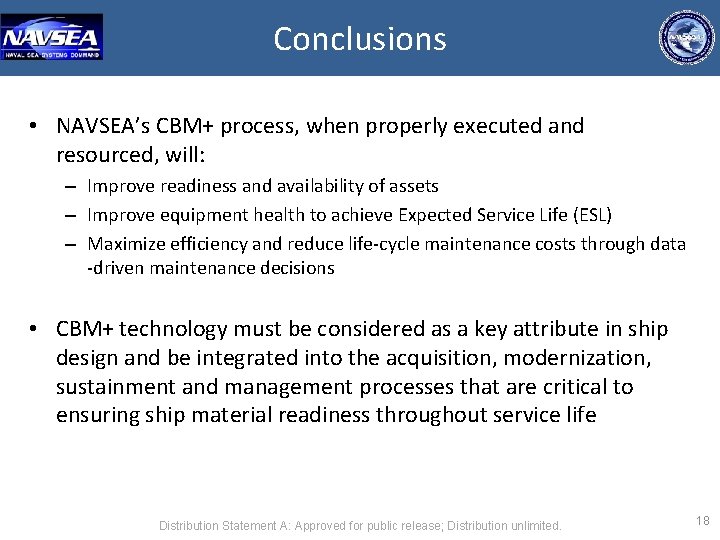Conclusions • NAVSEA’s CBM+ process, when properly executed and resourced, will: – Improve readiness
