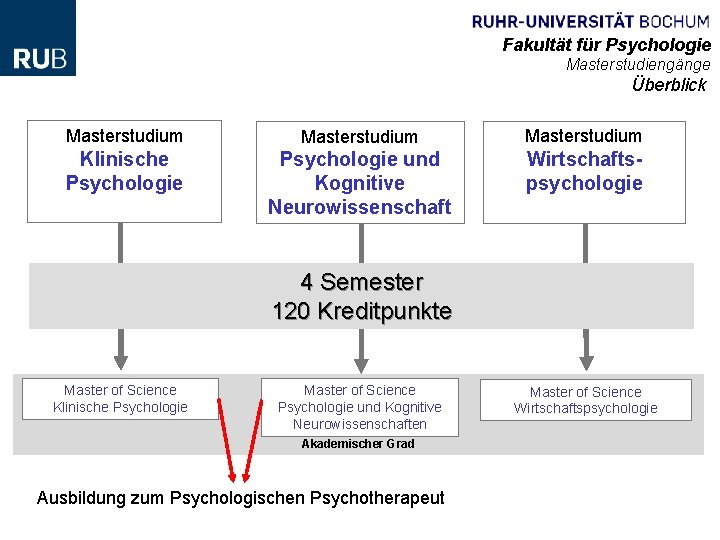 Fakultät für Psychologie Masterstudiengänge Überblick Masterstudium Klinische Psychologie und Kognitive Neurowissenschaft Vertiefungsrichtungen Wirtschaftspsychologie 4 Fakultät für Psychologie Masterstudiengänge Überblick Masterstudium Klinische Psychologie und Kognitive Neurowissenschaft Vertiefungsrichtungen Wirtschaftspsychologie 4
