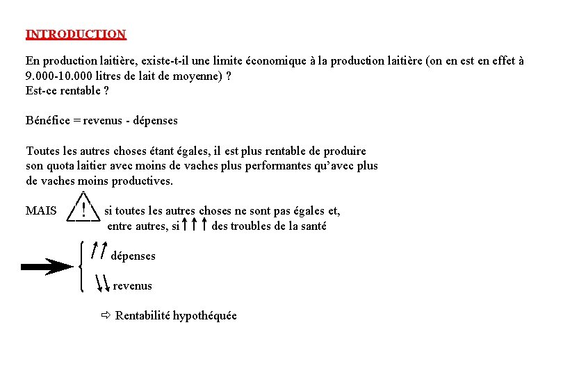 INTRODUCTION En production laitière, existe-t-il une limite économique à la production laitière (on en