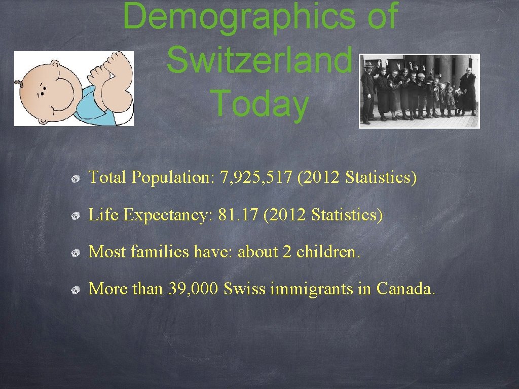 Demographics of Switzerland Today Total Population: 7, 925, 517 (2012 Statistics) Life Expectancy: 81.