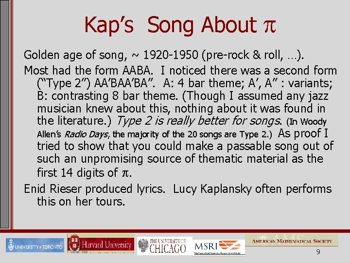 Kap’s Song About Golden age of song, ~ 1920 -1950 (pre-rock & roll, …).