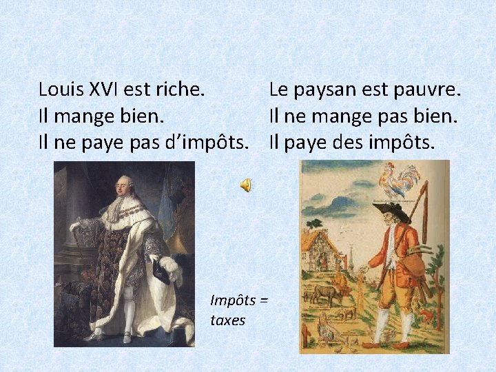 Louis XVI est riche. Le paysan est pauvre. Il mange bien. Il ne mange