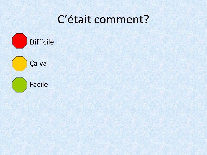 C’était comment? Difficile Ça va Facile 