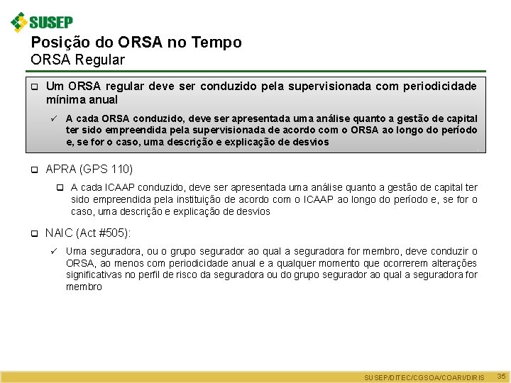 Posição do ORSA no Tempo ORSA Regular q Um ORSA regular deve ser conduzido