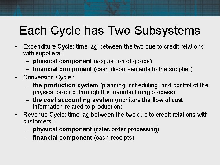 Each Cycle has Two Subsystems • Expenditure Cycle: time lag between the two due