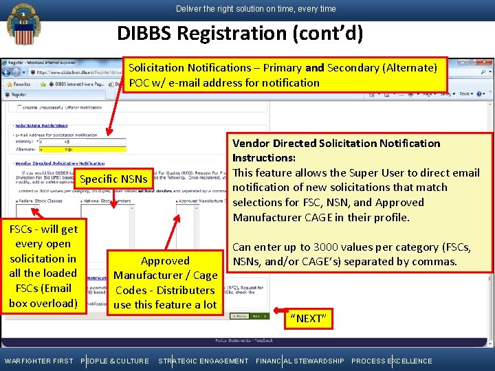 Deliver the right solution on time, every time DIBBS Registration (cont’d) Solicitation Notifications –