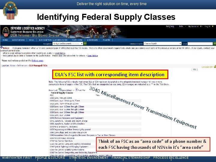 Deliver the right solution on time, every time Identifying Federal Supply Classes DLA’s FSC
