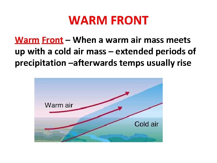 WARM FRONT Warm Front – When a warm air mass meets up with a