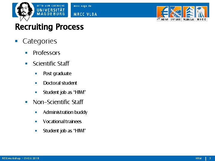 Recruiting Process Categories Professors Scientific Staff Post graduate Doctoral student Student job as “HIWI”