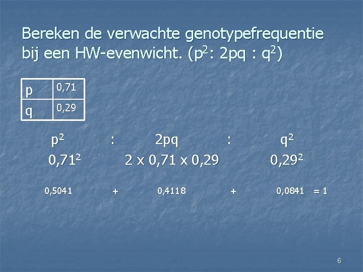 Bereken de verwachte genotypefrequentie bij een HW-evenwicht. (p 2: 2 pq : q 2)