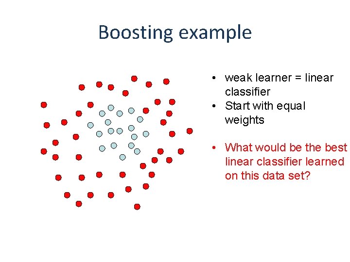 Boosting example • weak learner = linear classifier • Start with equal weights •