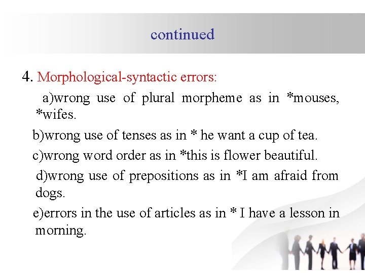 continued 4. Morphological-syntactic errors: a)wrong use of plural morpheme as in *mouses, *wifes. b)wrong