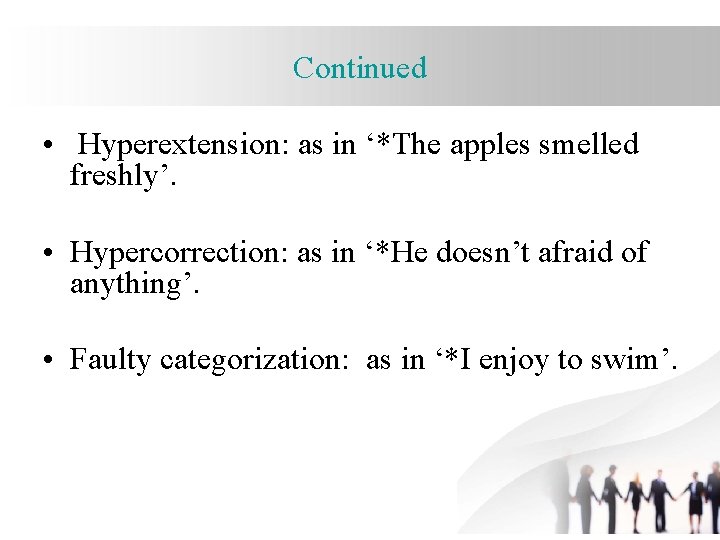Continued • Hyperextension: as in ‘*The apples smelled freshly’. • Hypercorrection: as in ‘*He