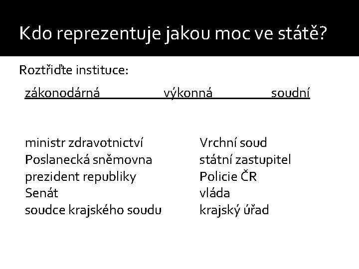 Kdo reprezentuje jakou moc ve státě? Roztřiďte instituce: zákonodárná ministr zdravotnictví Poslanecká sněmovna prezident