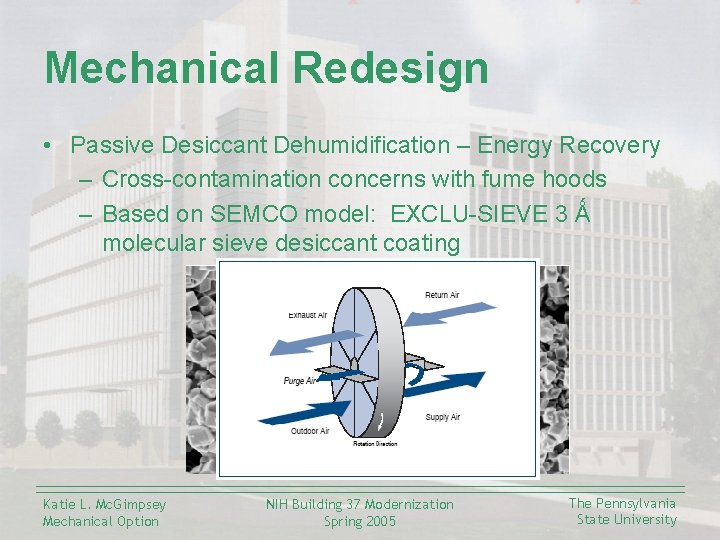 Mechanical Redesign • Passive Desiccant Dehumidification – Energy Recovery – Cross-contamination concerns with fume