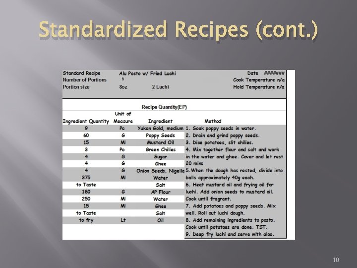 Standardized Recipes (cont. ) 10 