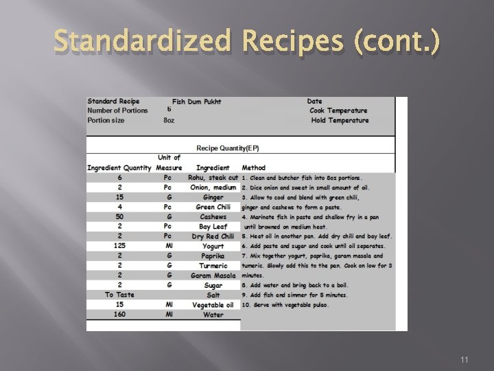 Standardized Recipes (cont. ) 11 