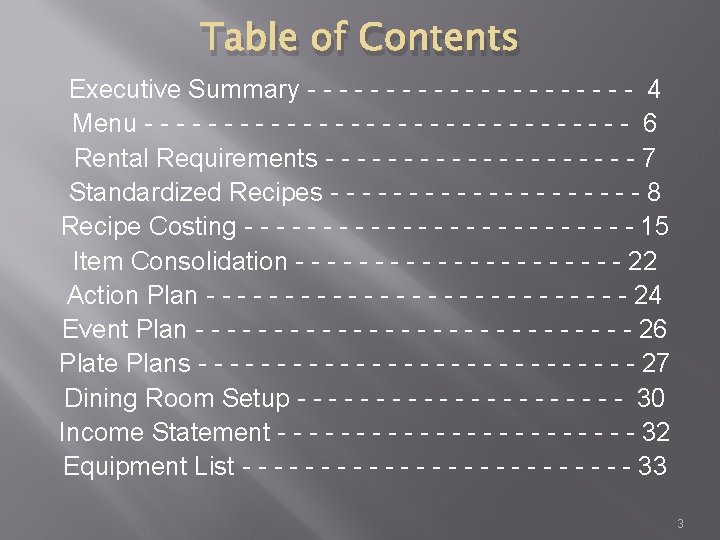 Table of Contents Executive Summary - - - - - - 4 Menu -