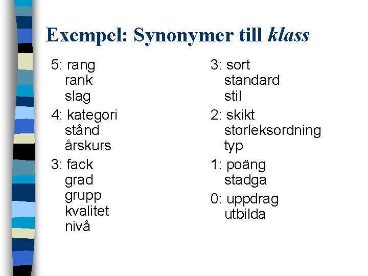 Exempel: Synonymer till klass 5: rang rank slag 4: kategori stånd årskurs 3: fack