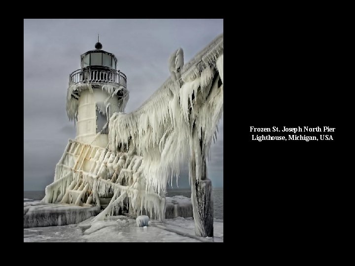 Frozen St. Joseph North Pier Lighthouse, Michigan, USA 